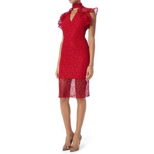 Alexis Halley Red Lace Choker Neck Ruffle Midi Dress Small Elizabeth Hurley